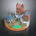 Modern Scene Miniature Architectural Model With Red Brick Buildings Blue Roof Pond And Street Lamp
