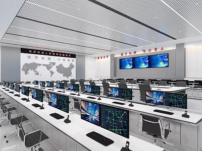 Modern Conference Room Interior With Multiple Workstations Large Wall Screens And Computer Monitors 3d model