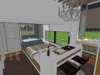 Modern Hotel Guest Room With Chandelier Bathtub Large Windows And Green Grass View 3d model