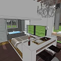 Modern Hotel Guest Room With Chandelier Bathtub Large Windows And Green Grass View