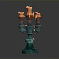 Artistic Ceramic Candelabra Featuring Three Orange Dripping Candles And Blue Base