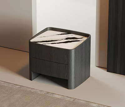 Modern Dark Wood Bedside Table With Marble Pattern Top And Single Drawer 3d model