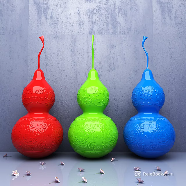 Decorative Ornament Set Featuring Three Gourd Shaped Red Green Blue Carved Patterns 3d model 
