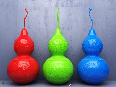 Decorative Ornament Set Featuring Three Gourd Shaped Red Green Blue Carved Patterns 3d model