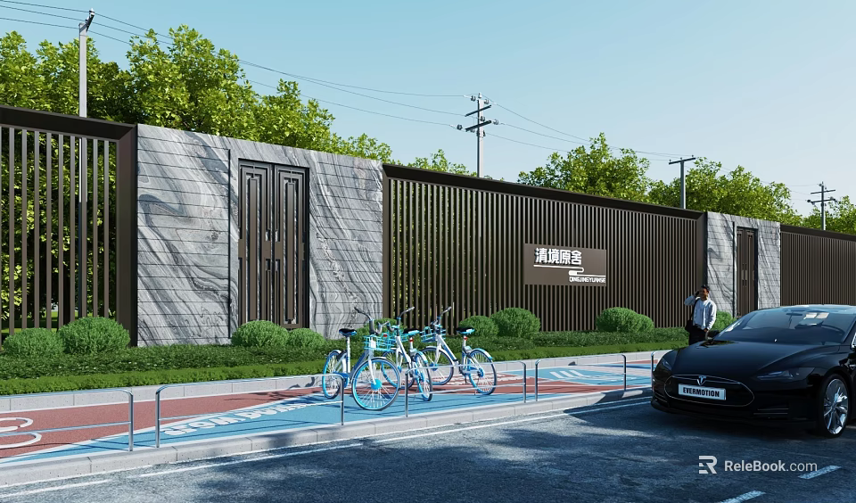 Modern Building Exterior Wall Stone Metal Grille Design With Greenery Bicycle Parking And Parked Car 3d model 