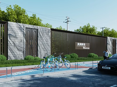 Modern Building Exterior Wall Stone Metal Grille Design With Greenery Bicycle Parking And Parked Car 3d model