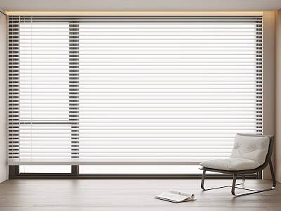 White Window Blinds in Modern Interior with Lounge Chair and Wooden Floor 3d model