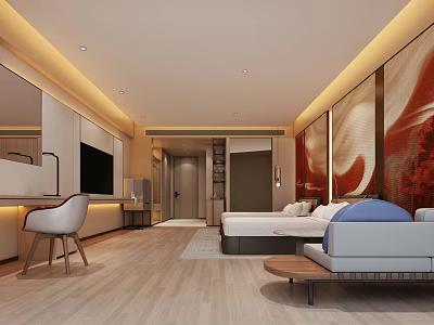 Hotel Guest Room Modern Interior With Comfortable Bed Sofa TV And Decorative Painting 3d model