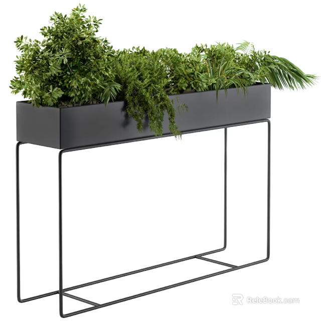 Lush Green Potted Plants In Modern Black Rectangular Planter On Metal Stand 3d model 
