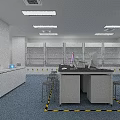 Modern Laboratory Interior With Lab Benches Computers Fume Hoods And Warning Signs