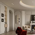 Elegant Cream Tone Living Room Interior With Circular Ceiling Fireplace And Soft Curved Sofa