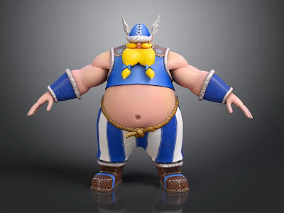 Chubby Viking Warrior With Horned Helmet Yellow Beard Blue Top And Blue White Striped Pants 3d model