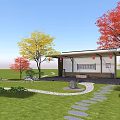 Chinese Style Pergola Featuring Glass Roof Red Lanterns Stone Bench And Surrounding Trees