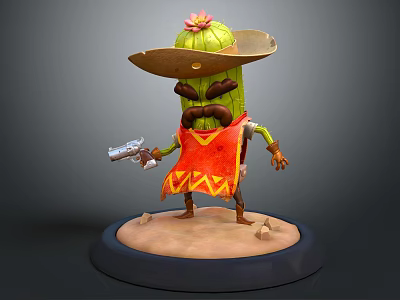 Anthropomorphic Cactus Character Wearing Sombrero With Flower Mustache Red Vest Holding Gun On Base 3d model