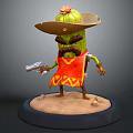 Anthropomorphic Cactus Character Wearing Sombrero With Flower Mustache Red Vest Holding Gun On Base