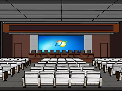 Spacious Conference Room With Large Screen Windows Logo And Rows Of Seats 3d model