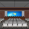 Spacious Conference Room With Large Screen Windows Logo And Rows Of Seats