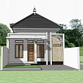 Detached Villa With Traditional Decor Black Roof Green Plants Motorcycle And Stone Pavement