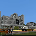 Modern Commercial Street with Urban Building Facades High-Rise Structures Shops Cars and Pedestrians