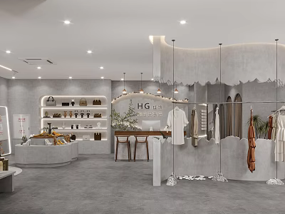Stylish Clothing Store Interior Featuring Fashion Apparel Racks And Display Shelves 3d model