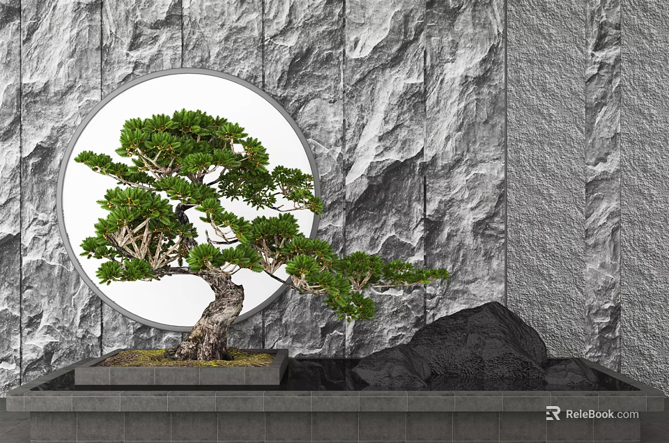 Bonsai Tree In Circular Frame With Stone Wall Background For Garden Decor 3d model