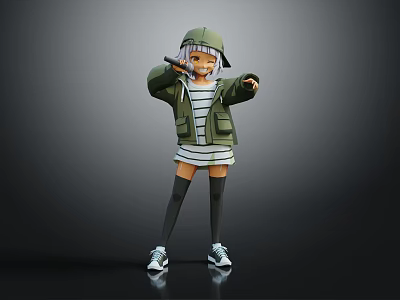 3D Model Girl Character With Green Jacket Striped Dress Black Stockings And Cap Dancing Pose 3d model