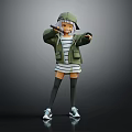 3D Model Girl Character With Green Jacket Striped Dress Black Stockings And Cap Dancing Pose