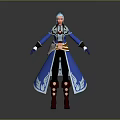 Fantasy Game Character With Blue White Hair Blue Robe Silver Decor Brown Belt And Boots