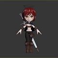 Game Movie Character with Red Hair Bow and Sword in Chibi Style