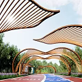 Wooden Curved Pergola Structure With Natural Sunlight Lush Trees And Scenic Pathway