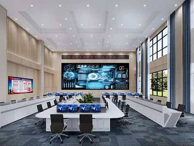 Modern Monitoring Room With Large Display Screen Control Desks Workstations Office Chairs And Green Plant 3d model