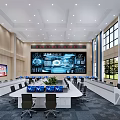 Modern Monitoring Room With Large Display Screen Control Desks Workstations Office Chairs And Green Plant