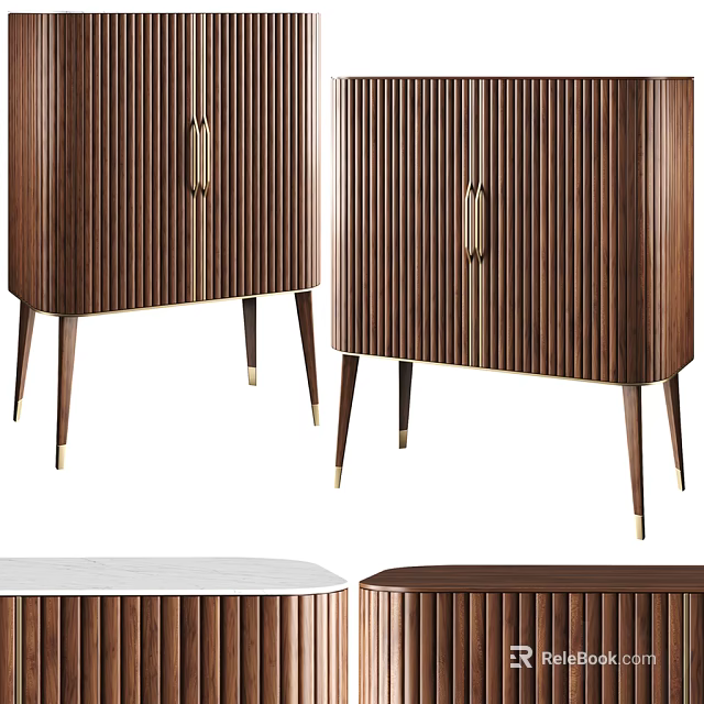 Modern Wooden Console And Side Cabinets With Vertical Slat Doors And Brass Legs 3d model 