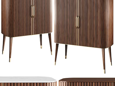 Modern Wooden Console And Side Cabinets With Vertical Slat Doors And Brass Legs 3d model