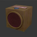 Brown Square Audio Speaker With Round Grille And Engraved Text Design Details