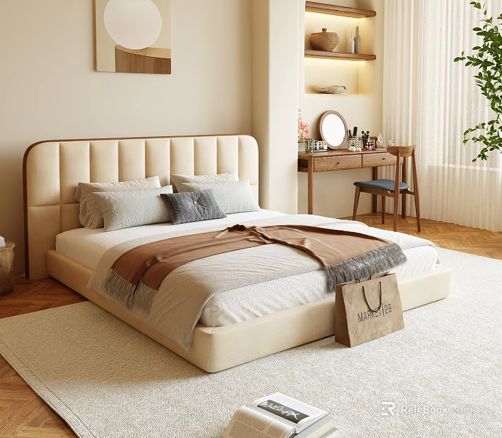 Cozy Bedroom Interior Design With Beige Upholstered Bed Wooden Desk And Green Plant 3d model 