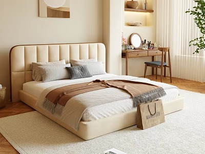Cozy Bedroom Interior Design With Beige Upholstered Bed Wooden Desk And Green Plant 3d model