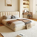 Cozy Bedroom Interior Design With Beige Upholstered Bed Wooden Desk And Green Plant