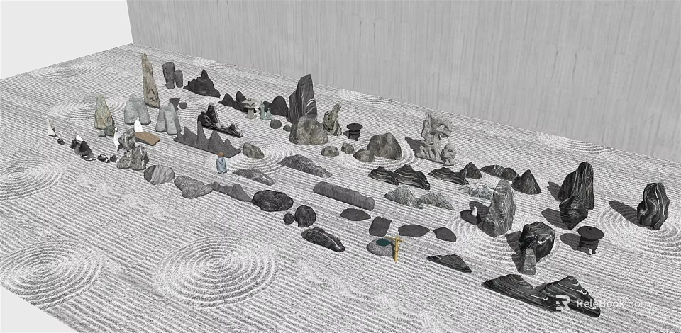 Natural Zen Garden Design With Stone Arrangement And Wood Texture Elements 3d model