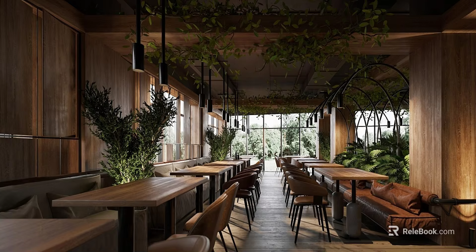 Elegant Restaurant Interior With Hanging Green Plants Wooden Tables Leather Seats And Natural Light 3d model 