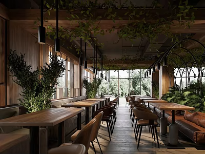 Elegant Restaurant Interior With Hanging Green Plants Wooden Tables Leather Seats And Natural Light 3d model