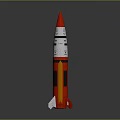 Red White And Orange Rocket Model With Pointed Nose And Tail Fins