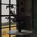Purple Flowers Arrangement in Ceramic Vase on Marble Table by Window with Green Shutters