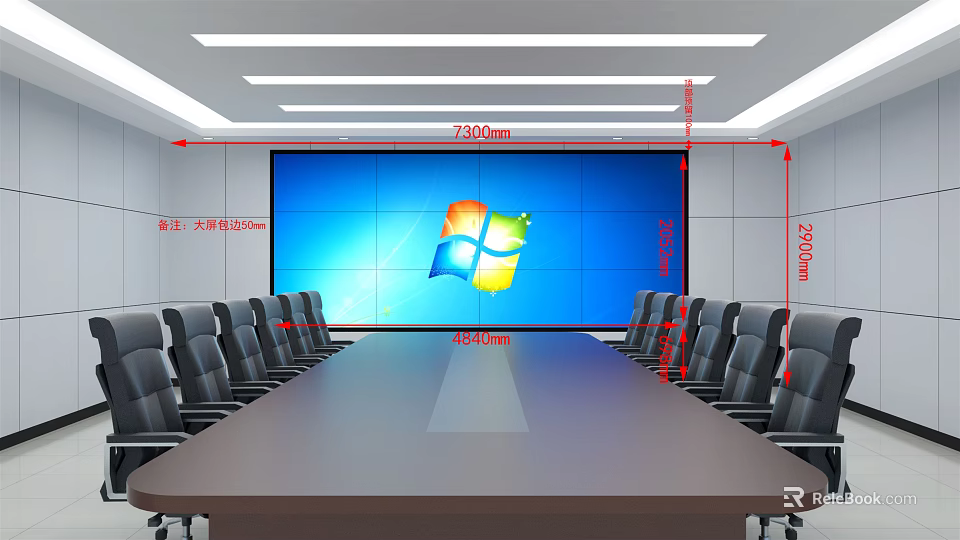 Modern Conference Room Interior With Large Screen Long Table And Black Chairs 3d model
