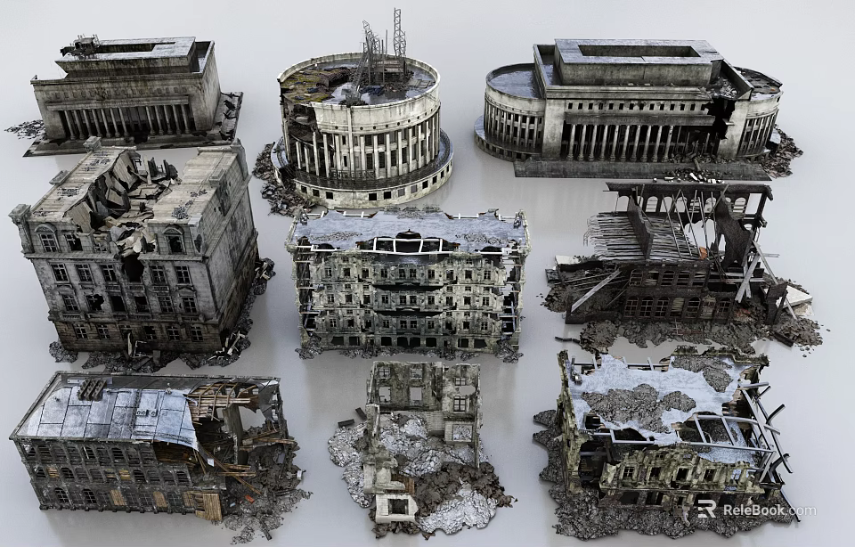 Active Construction Site With Demolished Building Structures Debris And Reconstruction Work 3d model 