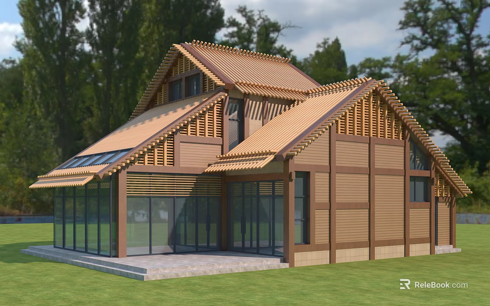Traditional Modern Detached Villa With Brown Roof Solar Panels And Large Glass Windows 3d model 