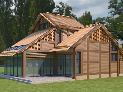 Traditional Modern Detached Villa With Brown Roof Solar Panels And Large Glass Windows 3d model
