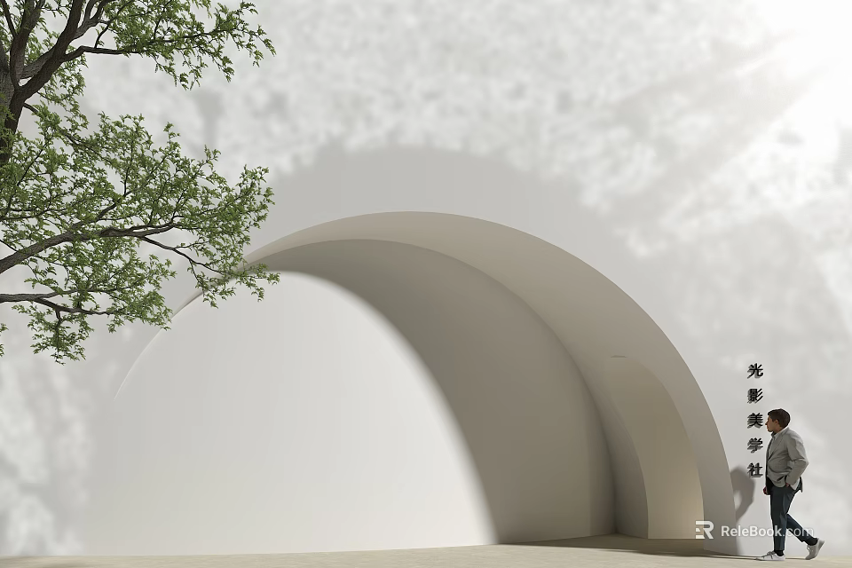 Elegant Arched Storefront Facade With White Walls Climbing Ivy And Person Walking By 3d model 