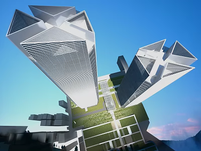 Modern Twin Office Skyscrapers With Unique Geometric Facade And Urban Green Space 3d model