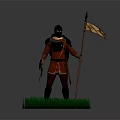 Knight In Red Armor Holding Flag And Sword Standing On Green Grass